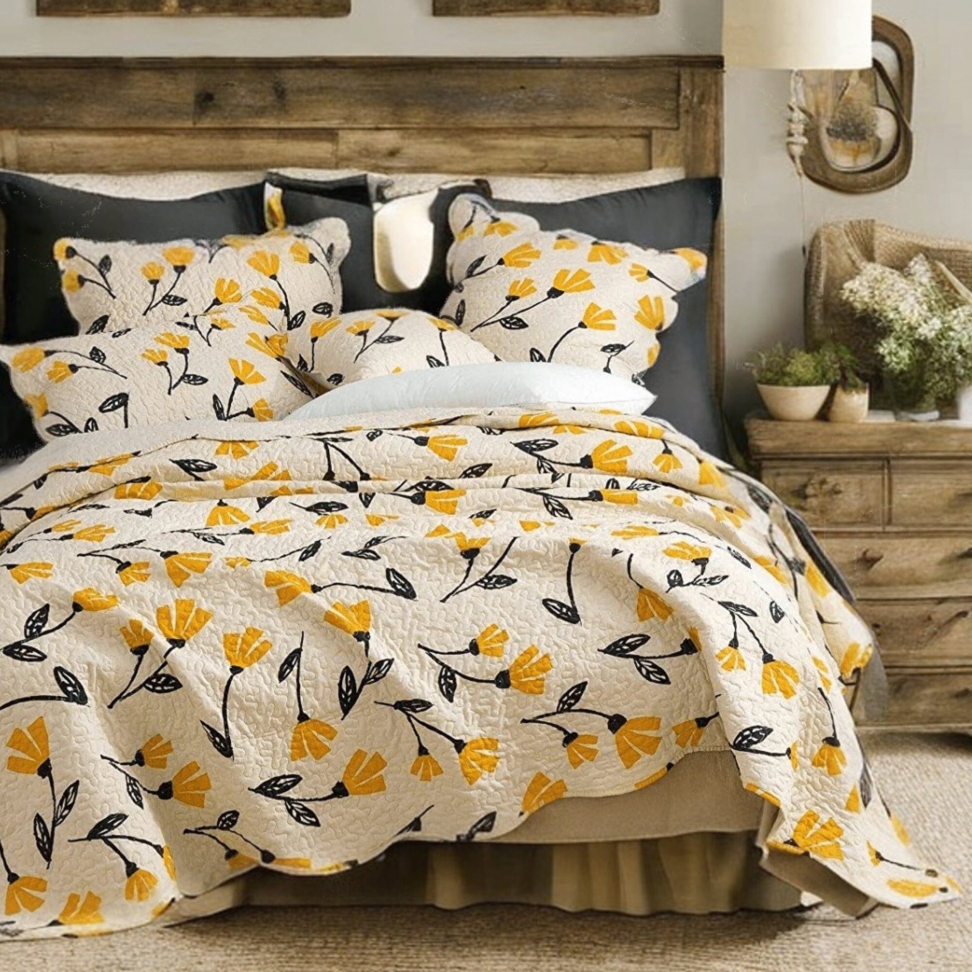 DaDa Bedding Yellow Fleur Floral Golden Orange Ivory Cream Scalloped Bedspread Set (18112)-4