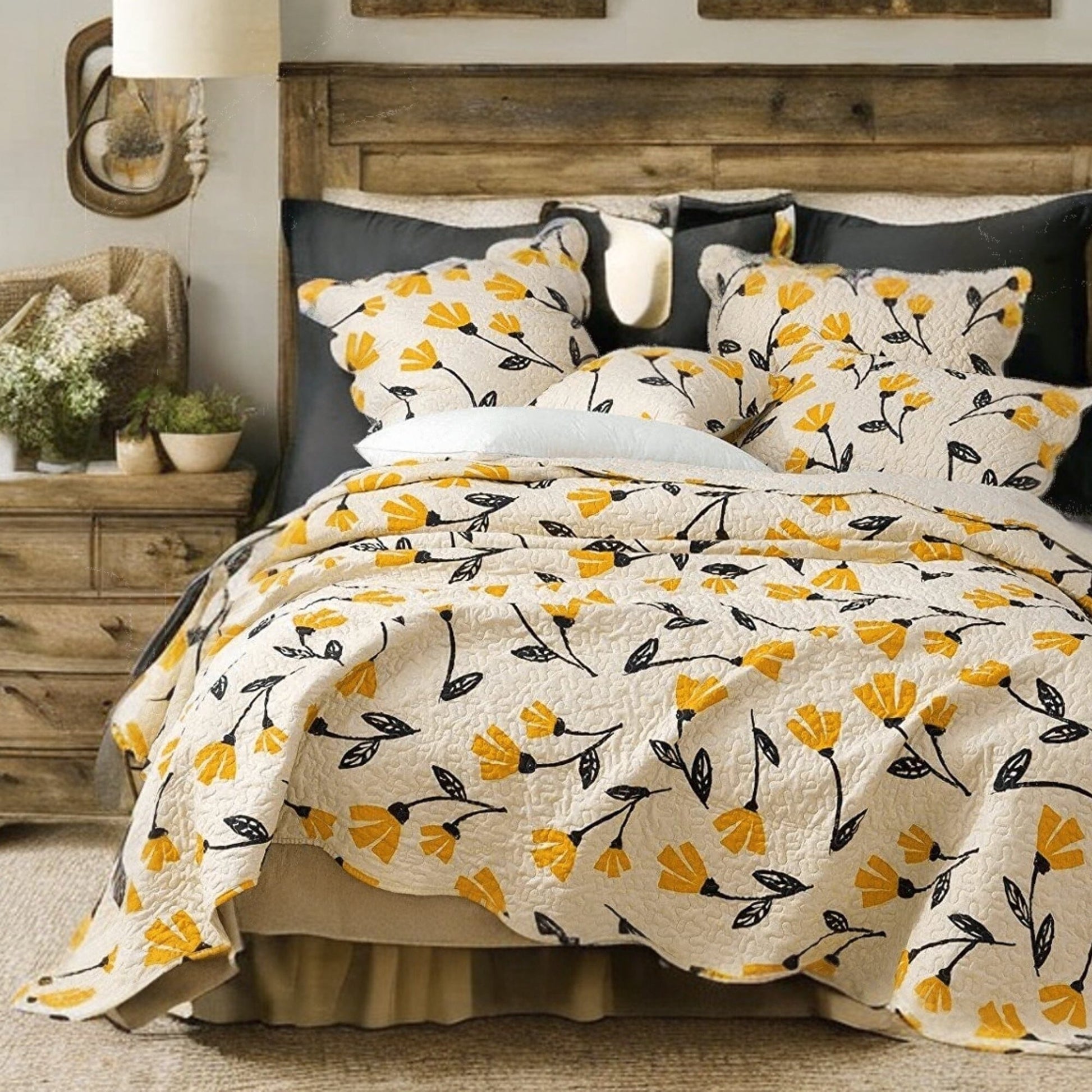 DaDa Bedding Yellow Fleur Floral Golden Orange Ivory Cream Scalloped Bedspread Set (18112)-0