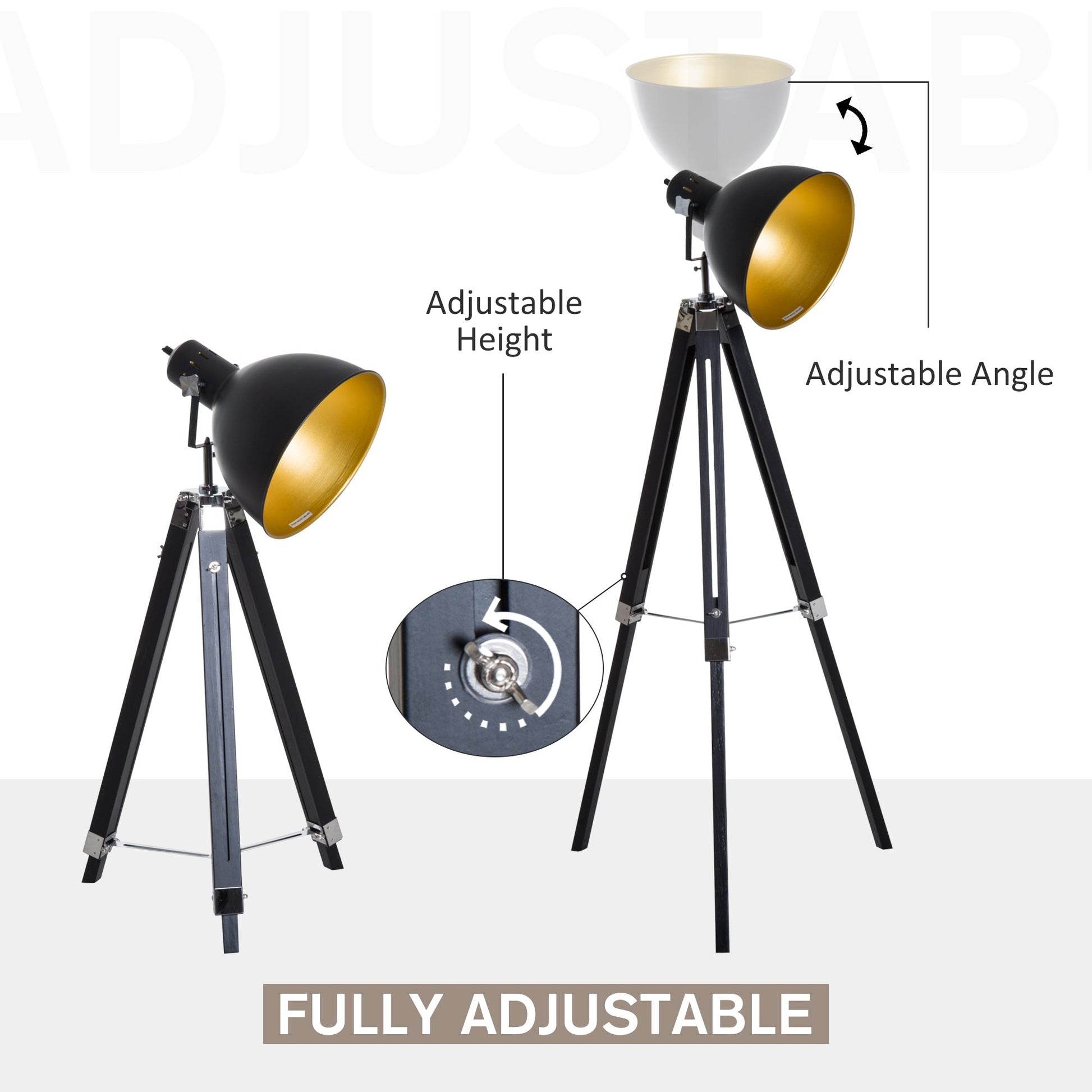 Studio Floor Lamp,Tripod Spotlight Lamp with Wood Legs, Ø 30 cm Lampshade and Max. 40W, 152cm Floor Lamp, Metal, Black and Gold-4