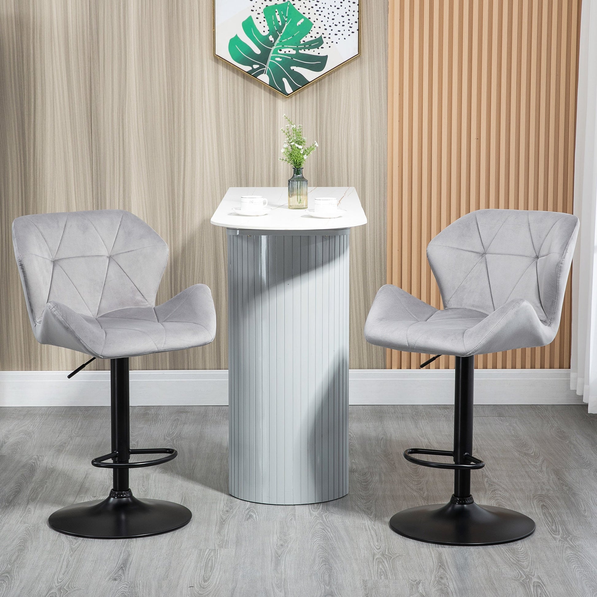 Set of 2 Adjustable Height Velvet Bar Stools with Metal Frame - Grey-1