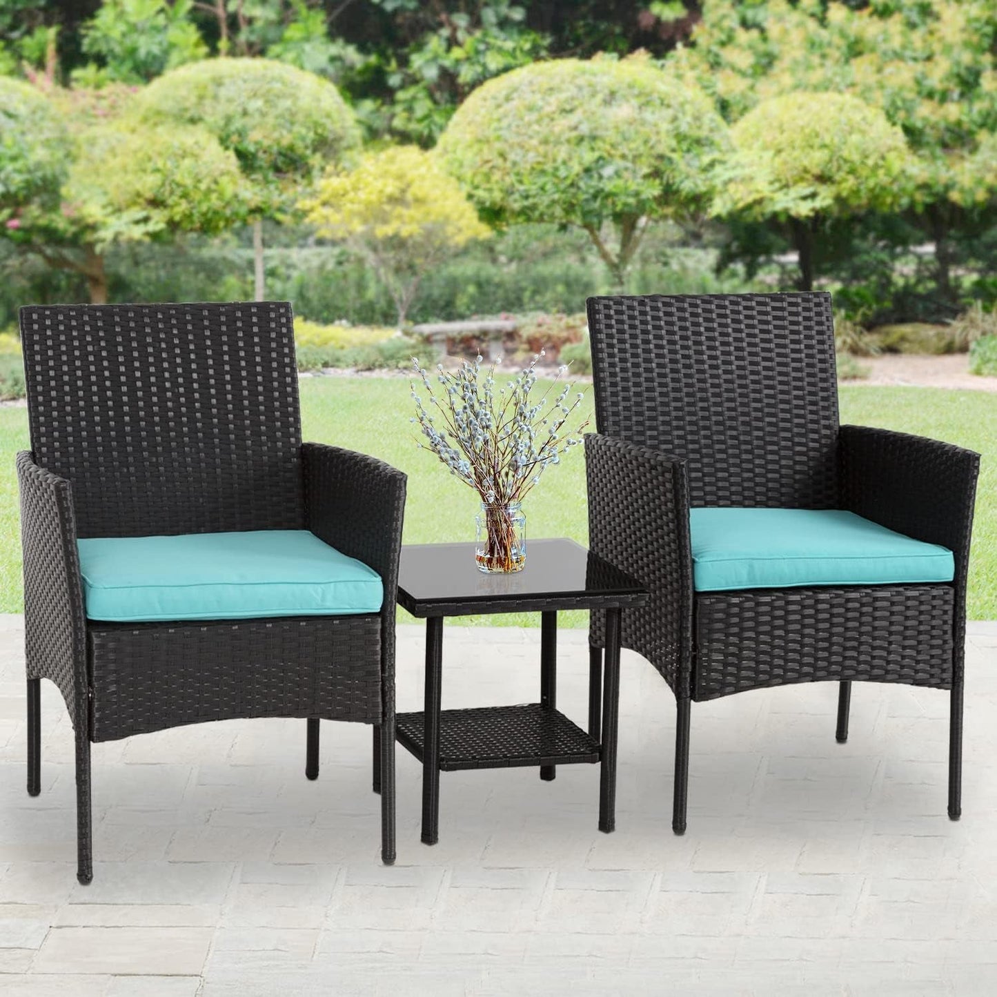3 Piece Outdoor Patio Furniture Set With 2 Rattan Chairs And Blue Cushions For Porch And Garden-1