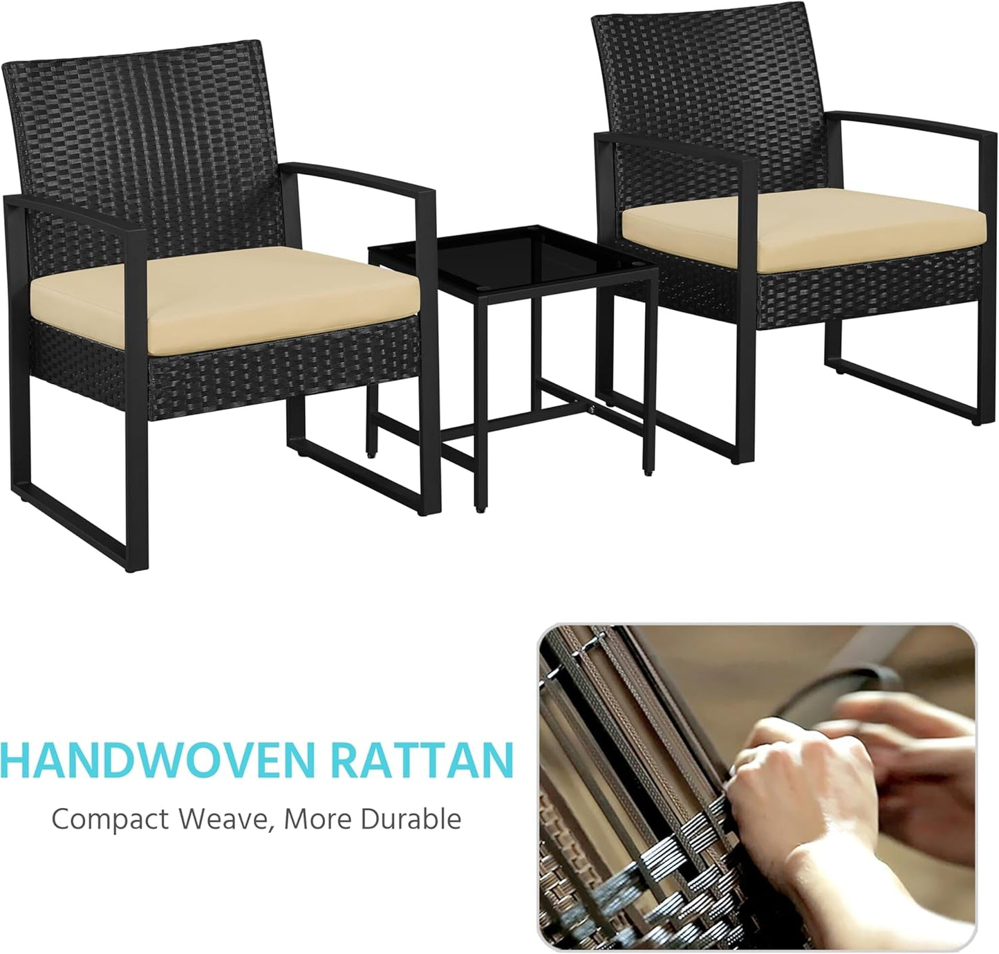 3 Piece Rattan Bistro Set Outdoor Furniture With 2 Chairs And Tempered Glass Coffee Table Black And Khaki-3