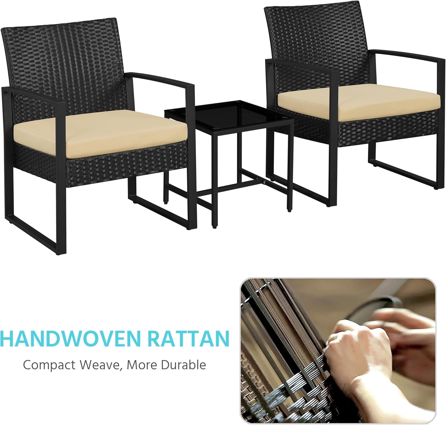 3 Piece Rattan Bistro Set Outdoor Furniture With 2 Chairs And Tempered Glass Coffee Table Black And Khaki-3