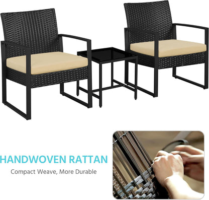 3 Piece Rattan Bistro Set Outdoor Furniture With 2 Chairs And Tempered Glass Coffee Table Black And Khaki-3