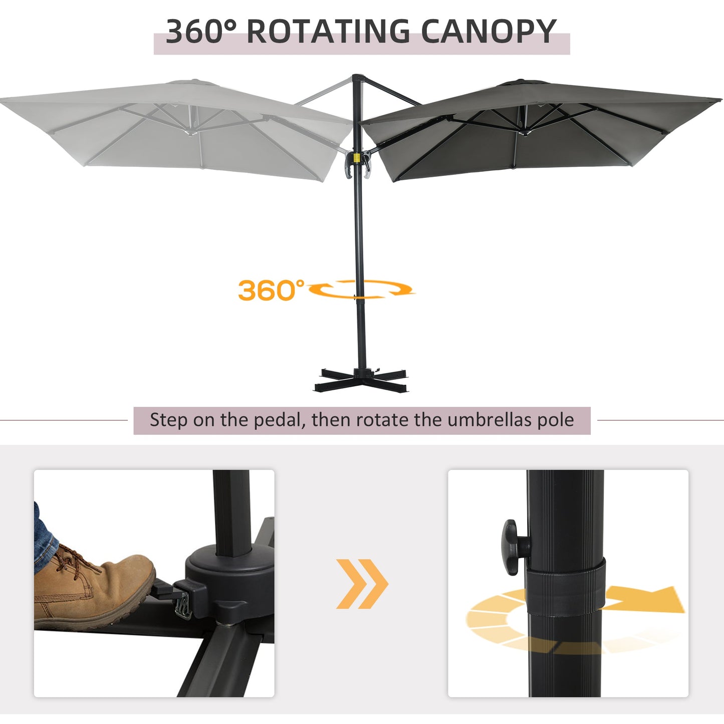 2.5 x 2.5m Cantilever Patio Parasol with Crank Handle and Cross Base - Grey-3