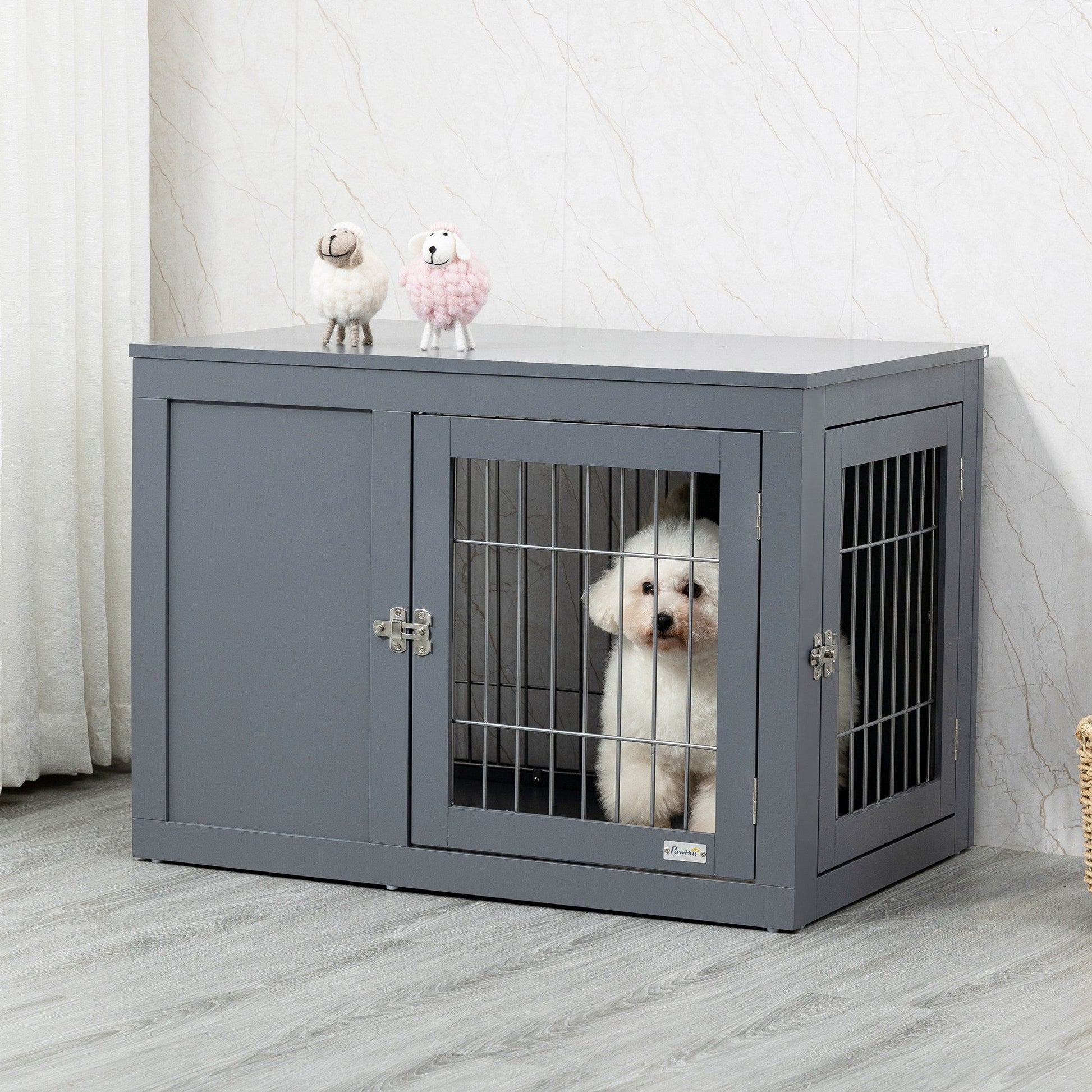 Furniture Style Dog Crate, End Table Pet Cage Kennel, Indoor Decorative Puppy House, with Double Doors, Locks, for Small & Medium Dogs, Grey-1