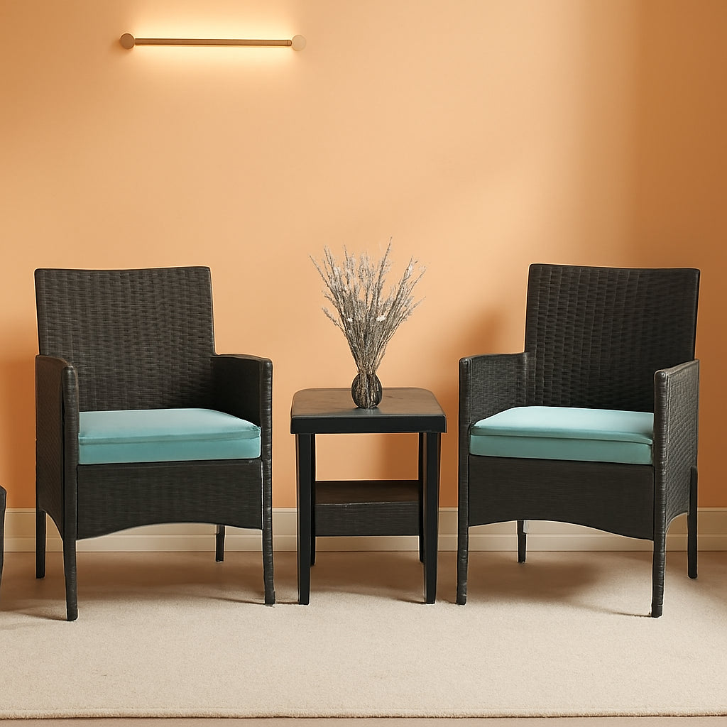 3 Piece Outdoor Patio Furniture Set With 2 Rattan Chairs And Blue Cushions For Porch And Garden-0