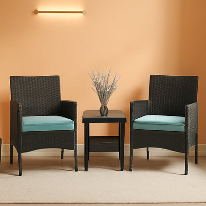 3 Piece Outdoor Patio Furniture Set With 2 Rattan Chairs And Blue Cushions For Porch And Garden-0
