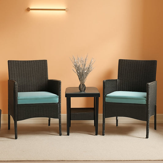 3 Piece Outdoor Patio Furniture Set With 2 Rattan Chairs And Blue Cushions For Porch And Garden-0