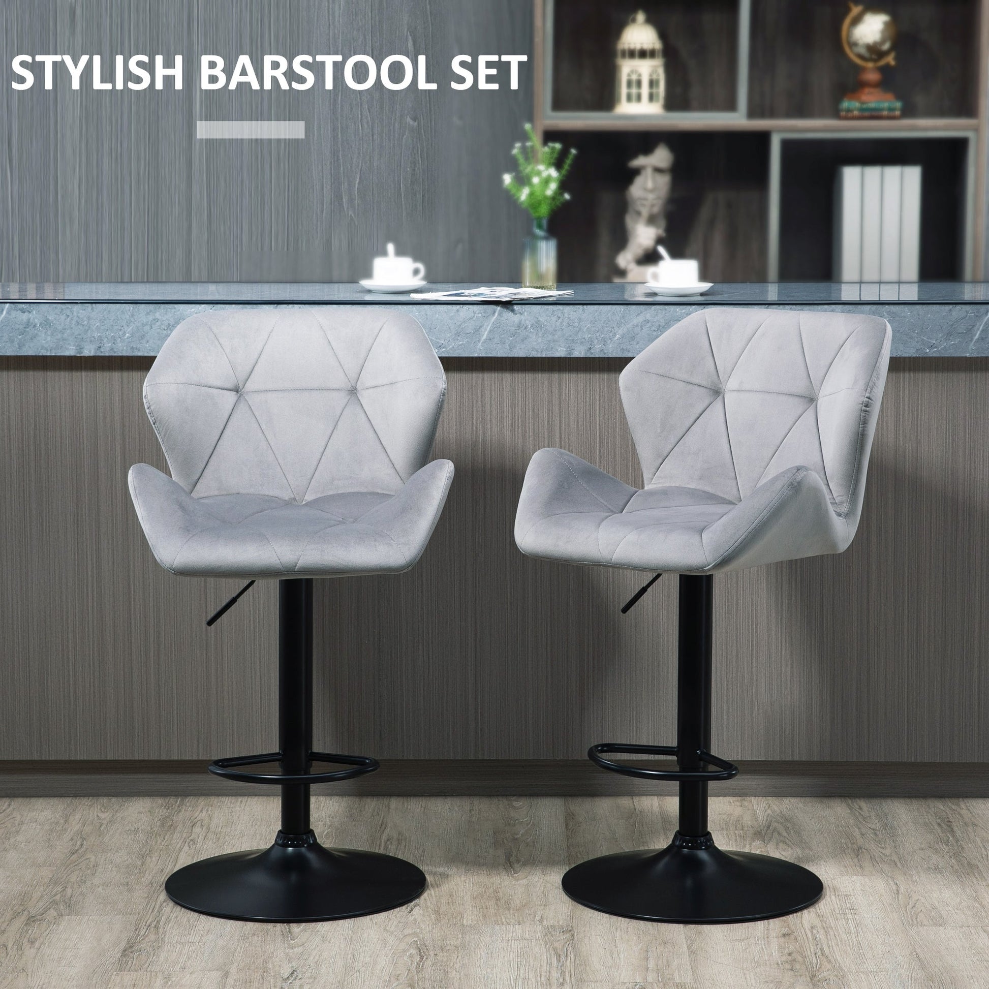 Set of 2 Adjustable Height Velvet Bar Stools with Metal Frame - Grey-3