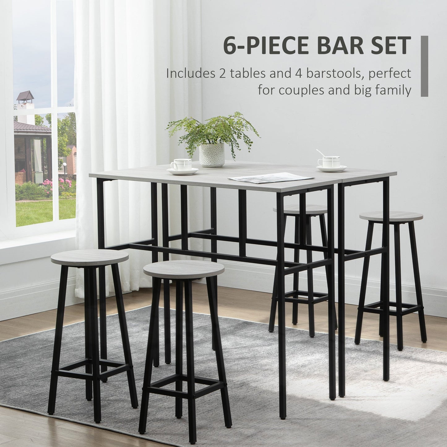 6-Piece Bar Table Set, 2 Breakfast Tables with 4 Stools, Counter Height Dining Tables & Chairs for Kitchen, Living Room, Grey-4