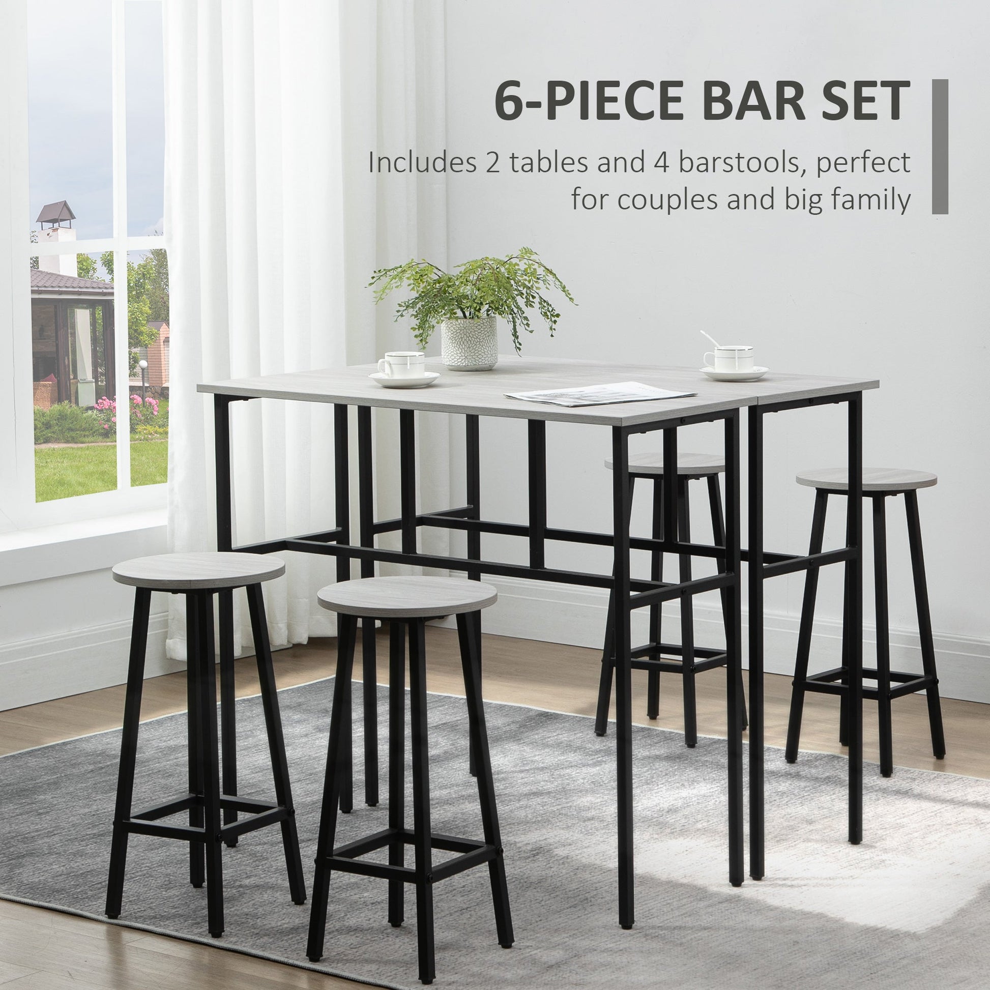 6-Piece Bar Table Set, 2 Breakfast Tables with 4 Stools, Counter Height Dining Tables & Chairs for Kitchen, Living Room, Grey-4