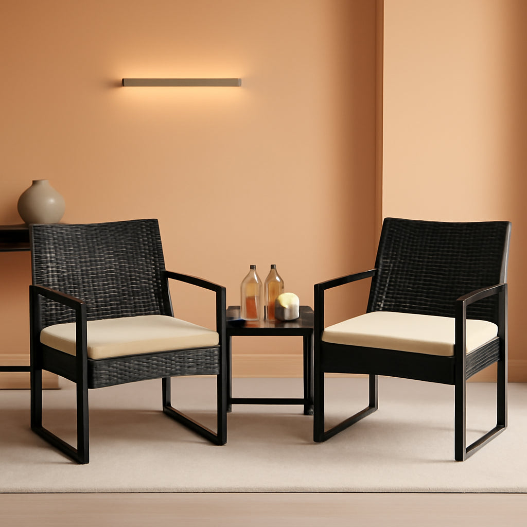 3 Piece Rattan Bistro Set Outdoor Furniture With 2 Chairs And Tempered Glass Coffee Table Black And Khaki-0