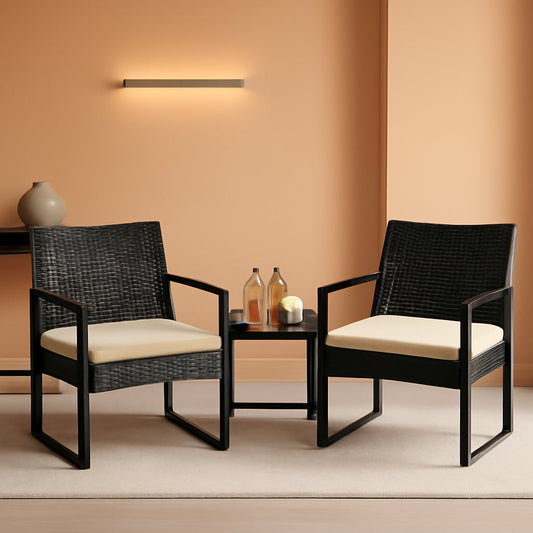 3 Piece Rattan Bistro Set Outdoor Furniture With 2 Chairs And Tempered Glass Coffee Table Black And Khaki-0