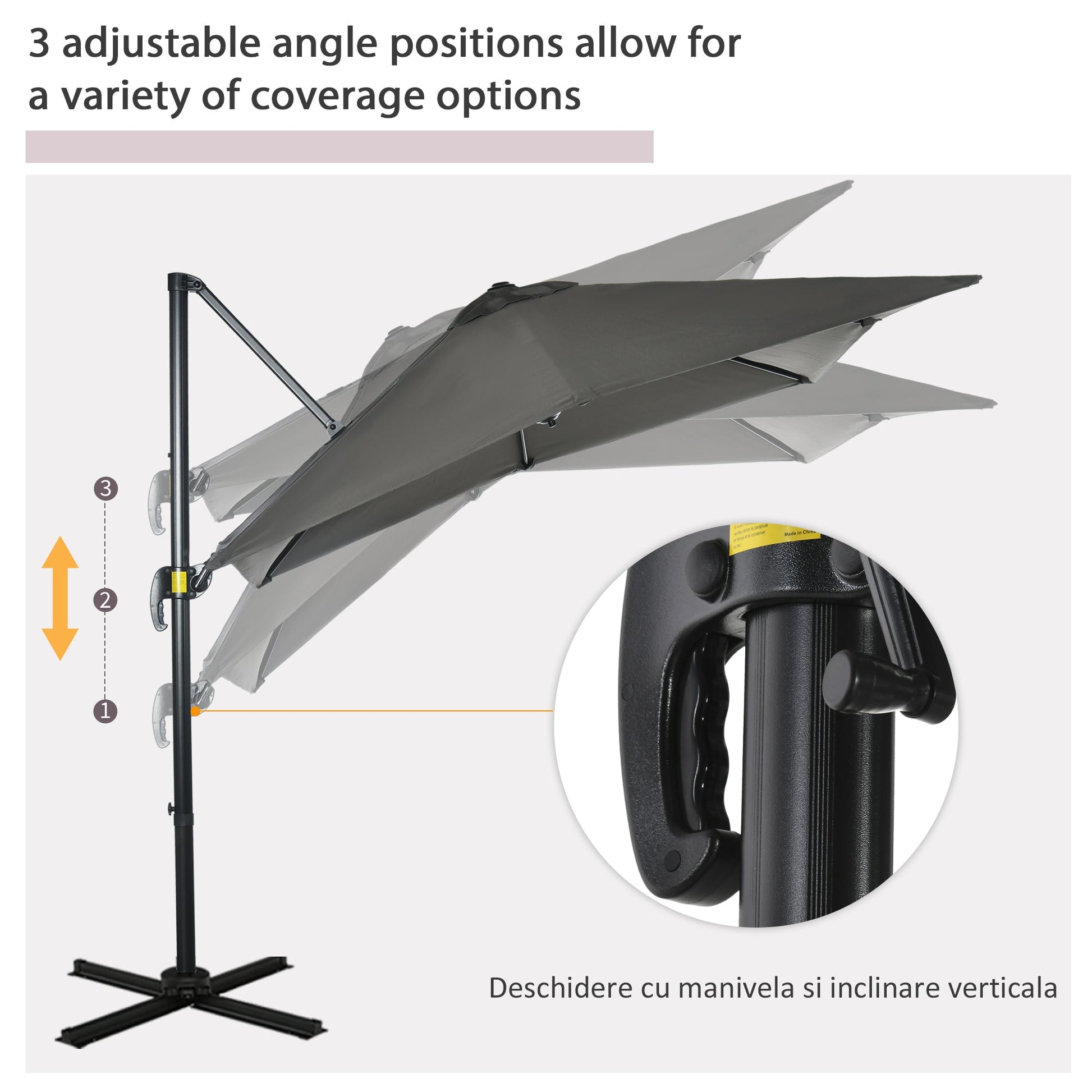 2.5 x 2.5m Cantilever Patio Parasol with Crank Handle and Cross Base - Grey-4