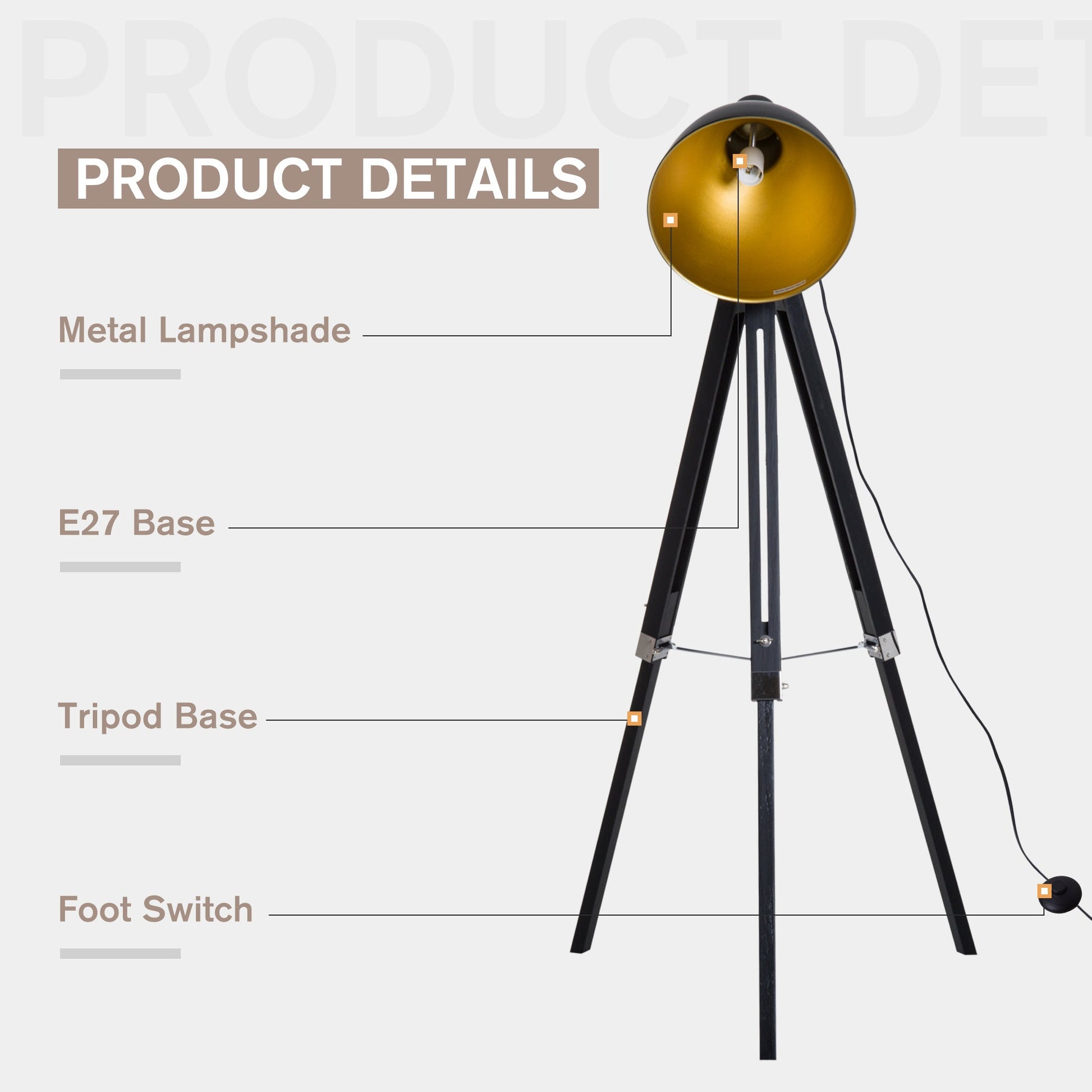 Studio Floor Lamp,Tripod Spotlight Lamp with Wood Legs, Ø 30 cm Lampshade and Max. 40W, 152cm Floor Lamp, Metal, Black and Gold-3