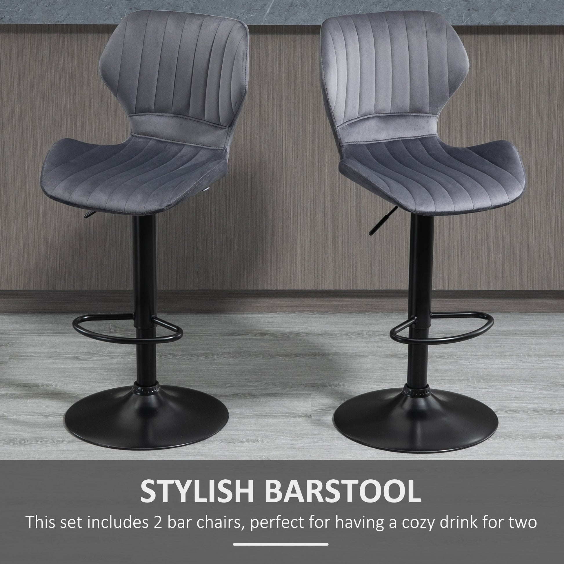 Bar Stool Set of 2 Velvet-Touch Fabric Adjustable Height Swivel Counter Chairs with Footrest, Grey-3