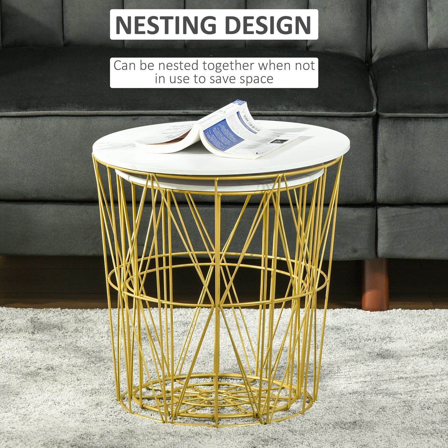 Set of 2 Nesting Side Tables with Storage, Round End Tables Coffee Tables with Steel Frame and Removable Round Top, White-4