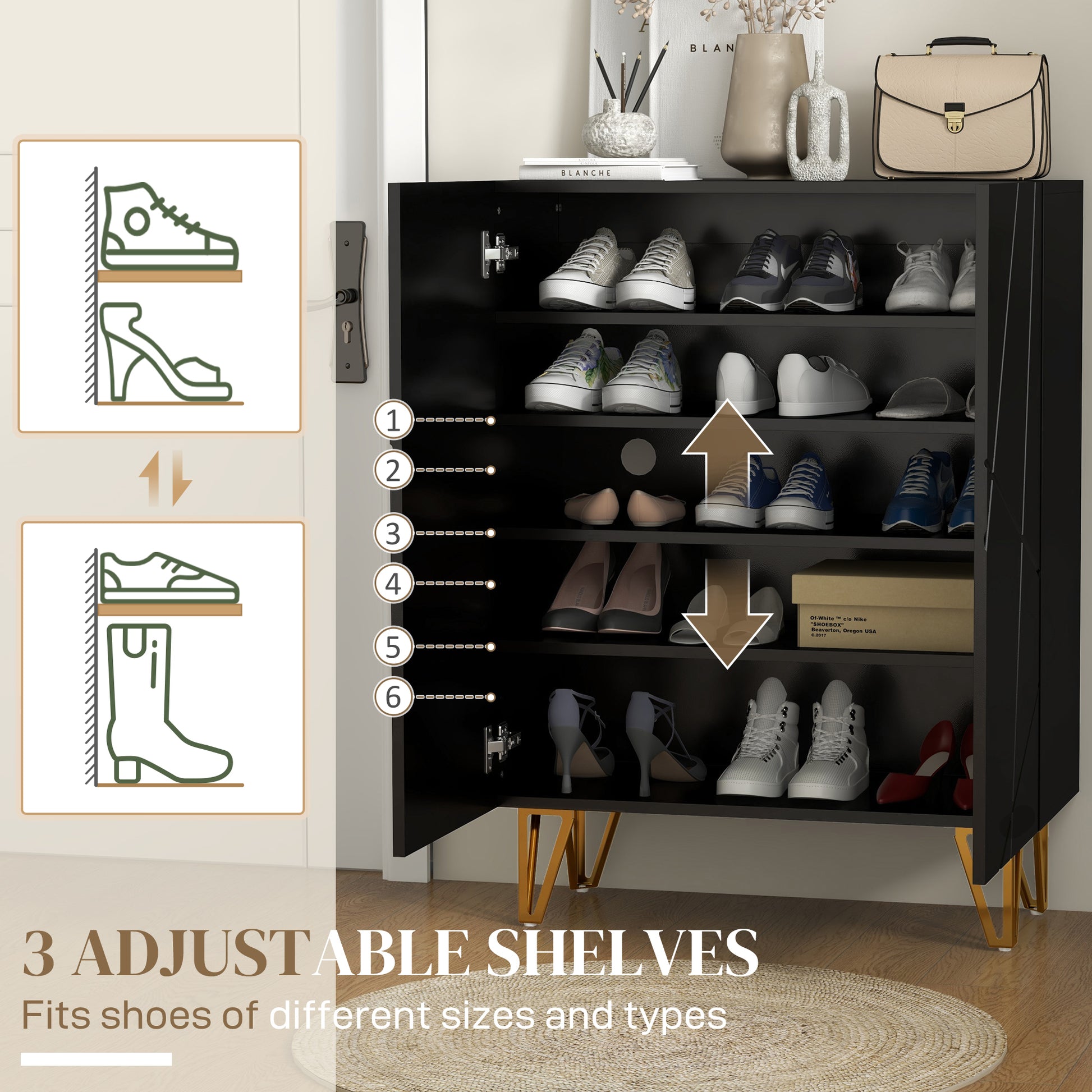 Narrow Shoe Storage Cabinet with Soft-Close Hinges and Adjustable Shelves for 15-20 Pairs of Shoes, Black | HOMCOM-2