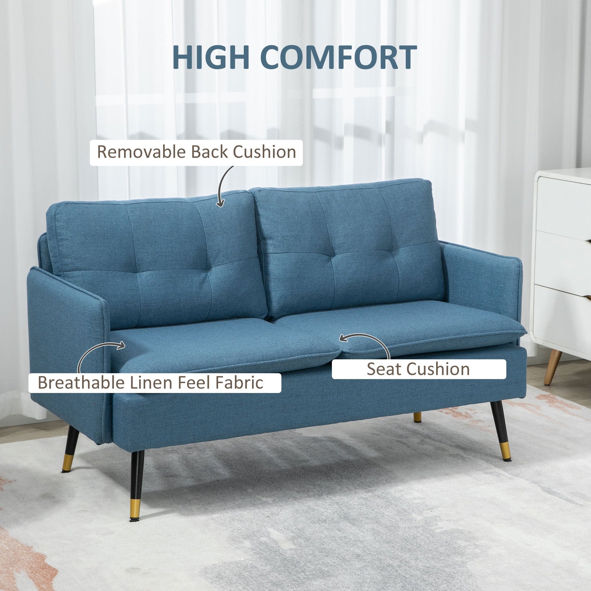 2 Seater Sofas for Living Room, Fabric Couch, Button Tufted Love Seat with Cushions, Dark Blue-3