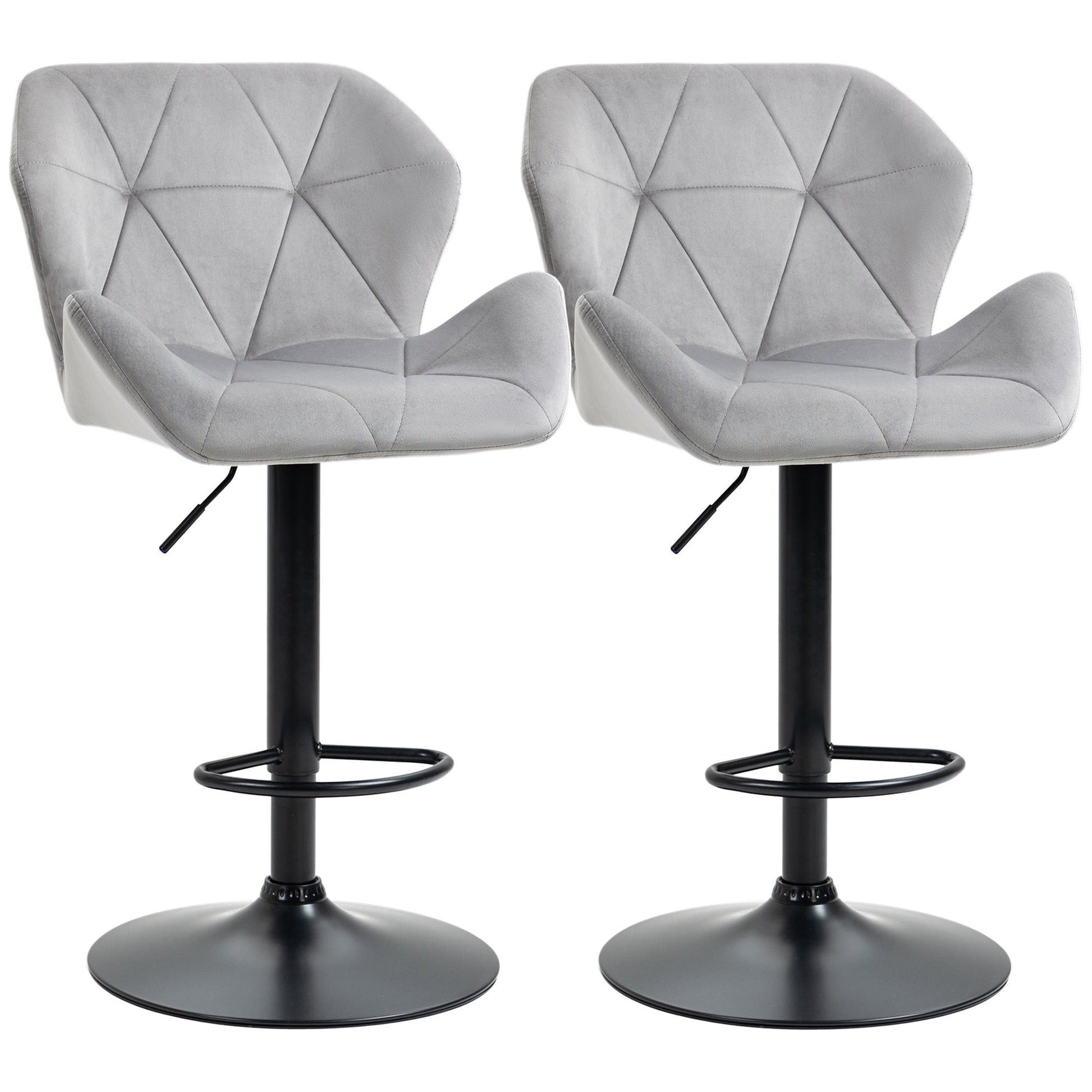 Set of 2 Adjustable Height Velvet Bar Stools with Metal Frame - Grey-0