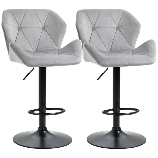 Set of 2 Adjustable Height Velvet Bar Stools with Metal Frame - Grey-0