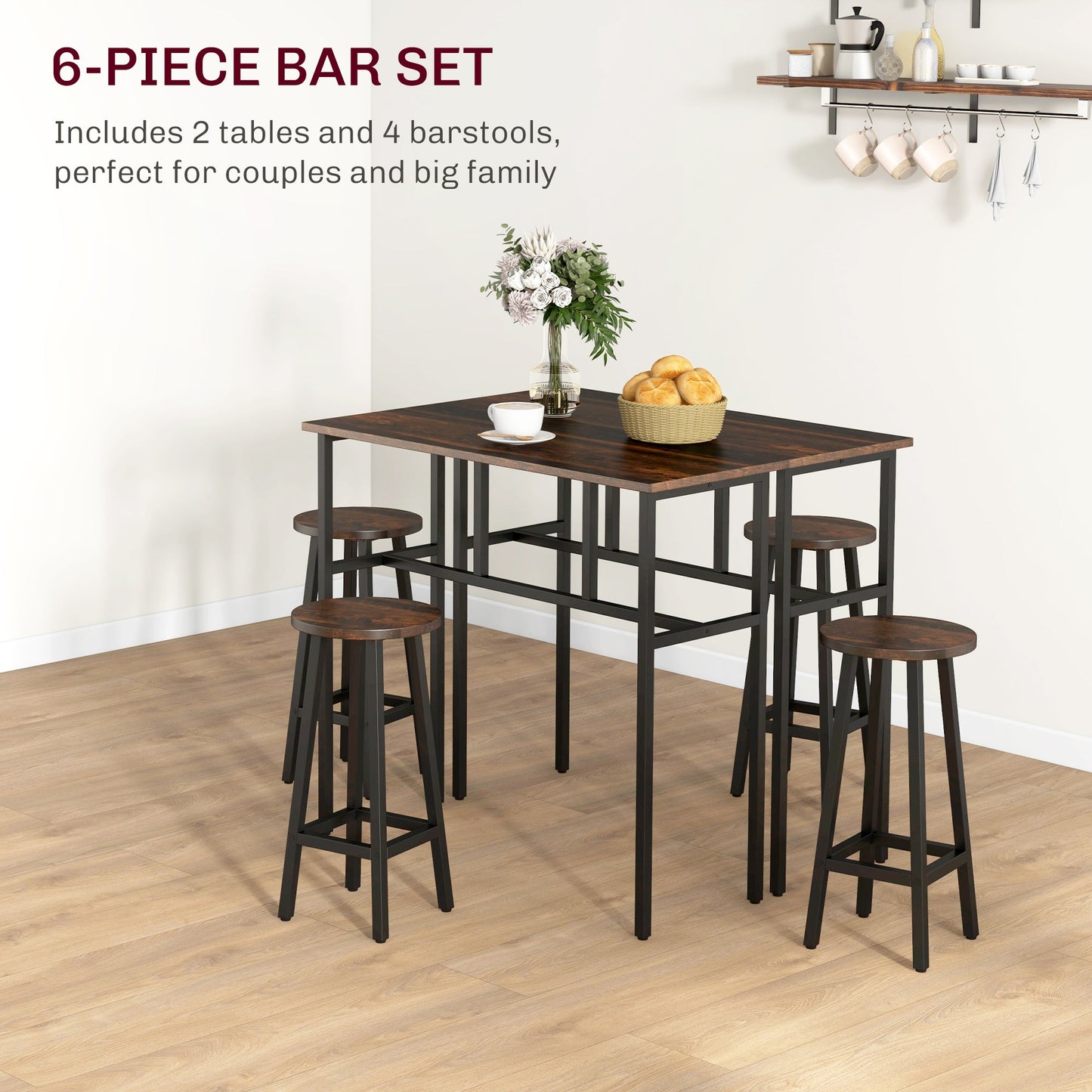 6-Piece Bar Table Set, 2 Breakfast Tables with 4 Stools, Counter Height Dining Tables & Chairs for Kitchen, Living Room, Rustic Brown-3