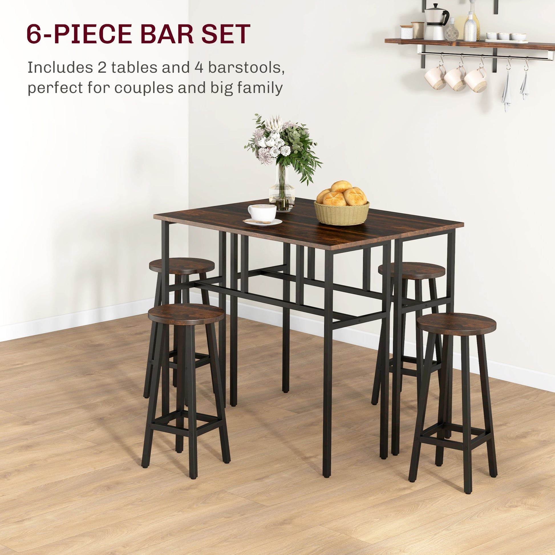 6-Piece Bar Table Set, 2 Breakfast Tables with 4 Stools, Counter Height Dining Tables & Chairs for Kitchen, Living Room, Rustic Brown-3